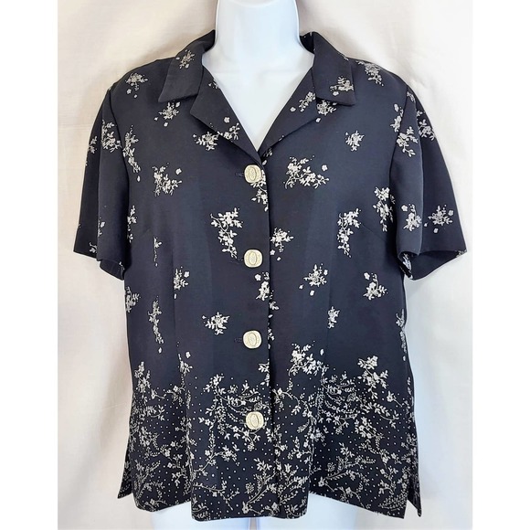 Leslie Fay Womens 12P Short Sleeve Button Up Collared Black Floral Blouse - Picture 1 of 11
